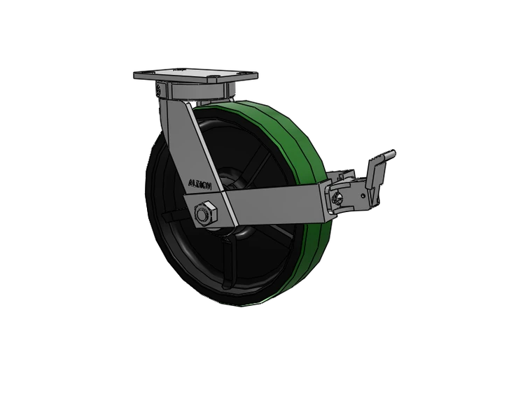 310 Series Top Plate Swivel Caster with 12 x 3 Green Tread on Black Cast Iron Core PY - Polyurethane (Cast Iron Core) Wheel and Face Brake