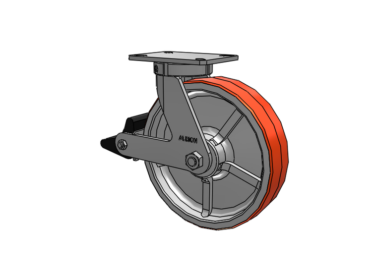 310 Series Top Plate Swivel Caster with 12 x 3 Red-Orange Tread on Cast Iron Core PY - Polyurethane 80A (Cast Iron Core) Wheel and Poly Lock Integrated Brake