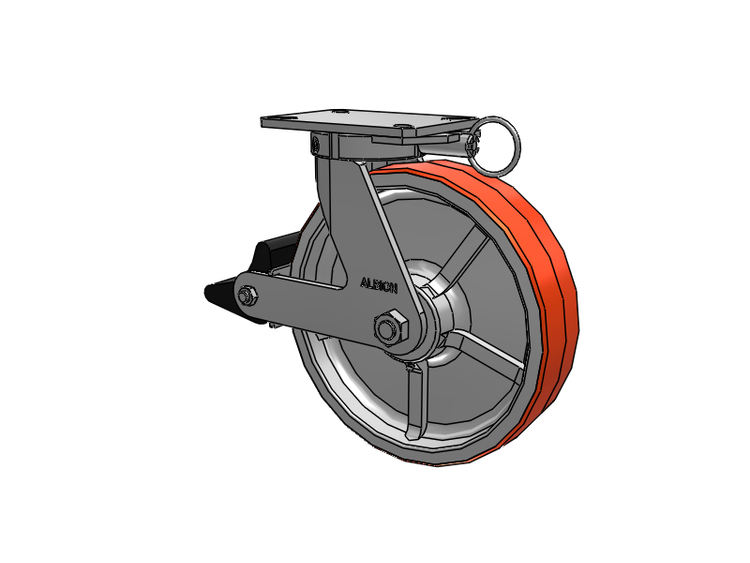 310 Series Top Plate Swivel Caster with 12 x 3 Red-Orange Tread on Cast Iron Core PY - Polyurethane 80A (Cast Iron Core) Wheel and Poly Lock Integrated Brake