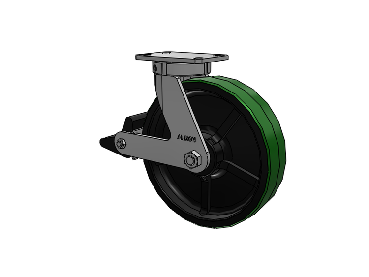 310 Series Top Plate Swivel Caster with 12 x 3 Green Tread on Black Cast Iron Core PY - Polyurethane (Cast Iron Core) Wheel and Poly Lock Integrated Brake