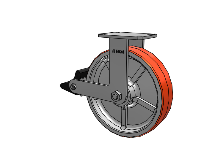 310 Series Top Plate Rigid Caster with 12 x 3 Red-Orange Tread on Cast Iron Core PY - Polyurethane 80A (Cast Iron Core) Wheel and Poly Lock Integrated Brake
