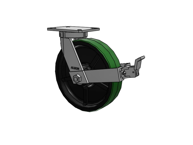 310 Series Top Plate Swivel Caster with 12 x 3 Green Tread on Black Cast Iron Core PY - Polyurethane (Cast Iron Core) Wheel and Face Brake