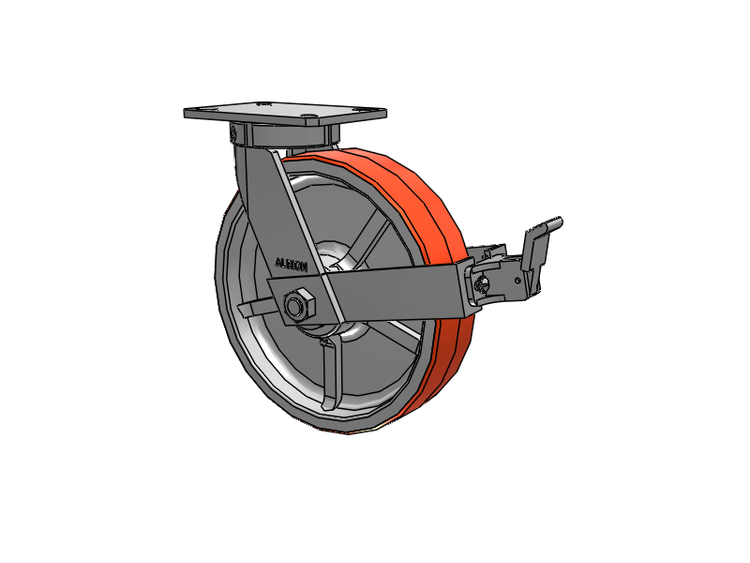 310 Series Top Plate Swivel Caster with 12 x 3 Red-Orange Tread on Cast Iron Core PY - Polyurethane 80A (Cast Iron Core) Wheel and Face Brake
