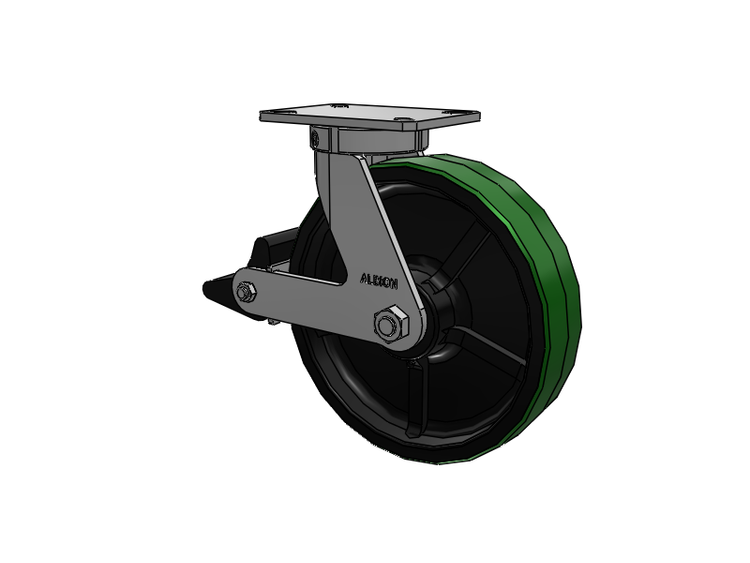 310 Series Top Plate Swivel Caster with 12 x 3 Green Tread on Black Cast Iron Core PY - Polyurethane (Cast Iron Core) Wheel and Poly Lock Integrated Brake