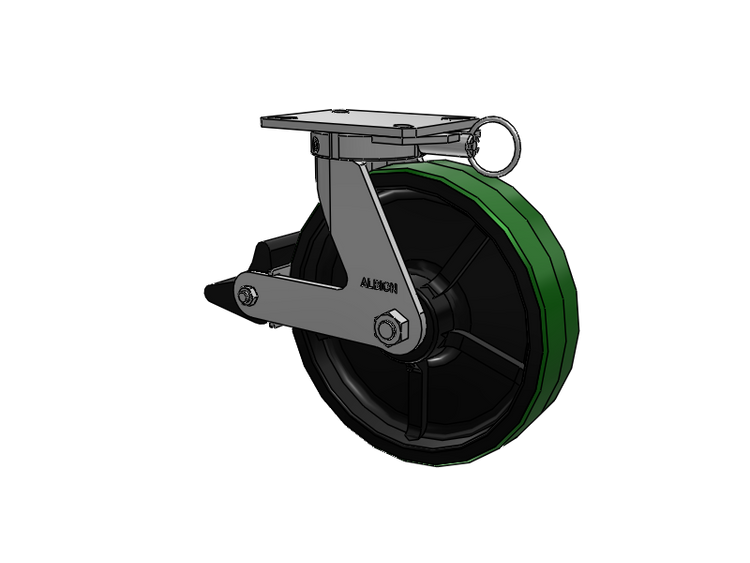 310 Series Top Plate Swivel Caster with 12 x 3 Green Tread on Black Cast Iron Core PY - Polyurethane (Cast Iron Core) Wheel and Poly Lock Integrated Brake