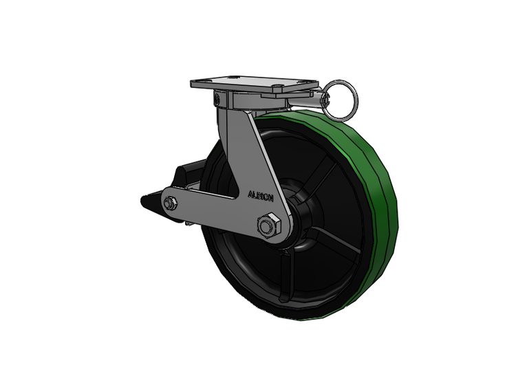 310 Series Top Plate Swivel Caster with 12 x 3 Green Tread on Black Cast Iron Core PY - Polyurethane (Cast Iron Core) Wheel and Poly Lock Integrated Brake