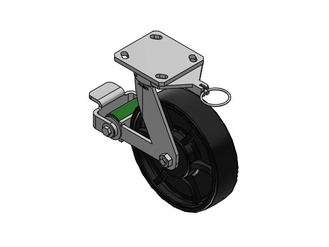 110 Series Kingpinless Top Plate Swivel Caster with 8 x 2 Black Paint FR - Ductile Iron Crowned Tread Wheel and Poly Cam Brake