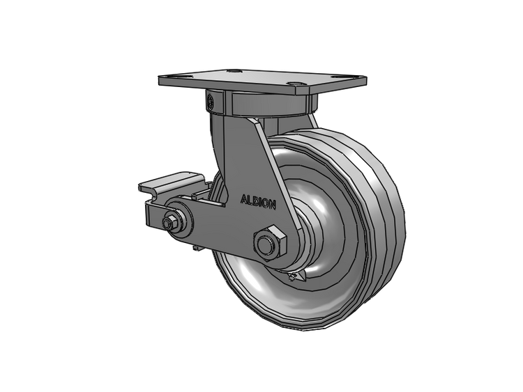 310 Series Top Plate Swivel Caster with 8 x 3 Clear Coat Enamel VF - Drop-Forged Steel V-Groove Wheel and Poly Cam Brake