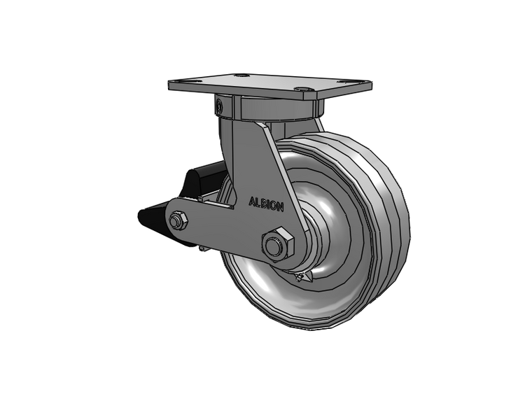 310 Series Top Plate Swivel Caster with 8 x 3 Clear Coat Enamel VF - Drop-Forged Steel V-Groove Wheel and Poly Lock Integrated Brake
