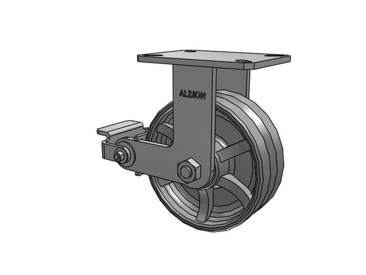 310 Series Top Plate Rigid Caster with 8 x 3 Silver Enamel Paint VG - Cast Iron V-Groove Wheel and Poly Cam Brake