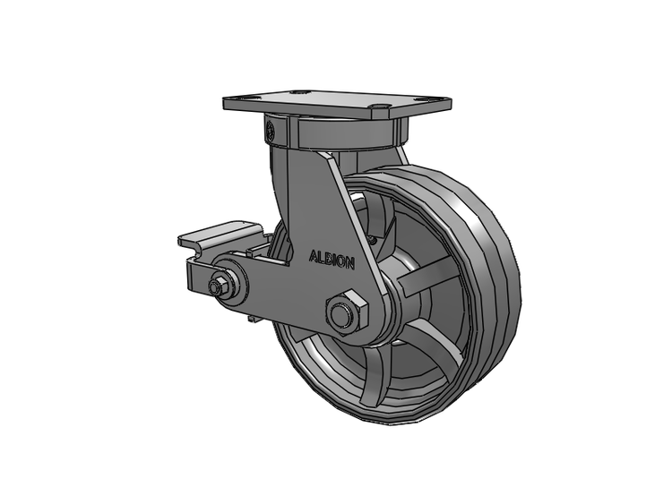 310 Series Top Plate Swivel Caster with 8 x 3 Silver Enamel Paint VG - Cast Iron V-Groove Wheel and Poly Cam Brake