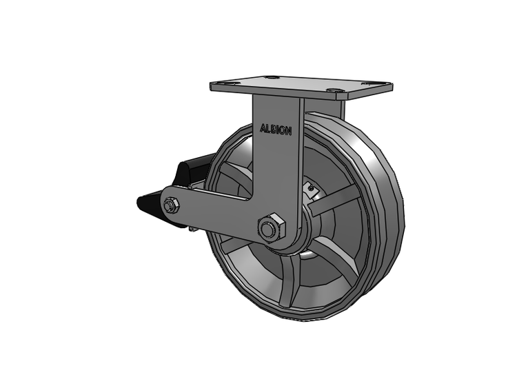 310 Series Top Plate Rigid Caster with 10 x 3 Silver Enamel Paint VG - Cast Iron V-Groove Wheel and Poly Lock Integrated Brake
