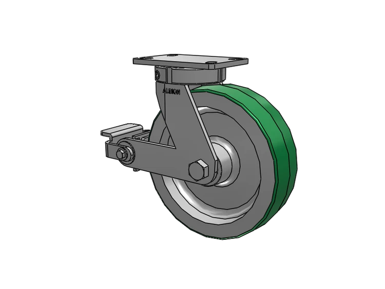330 Series Top Plate Swivel Caster with 10 x 3 Green Tread on Aluminum Core PD - Polyurethane (Aluminum Core) Wheel and Poly Cam Brake
