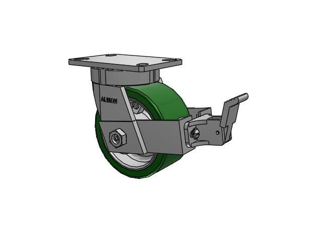 370 Series Top Plate Swivel Caster with 6 x 3 Green Tread on Aluminum Core PE - Polyurethane (Cast Iron Core) Wheel and Face Brake