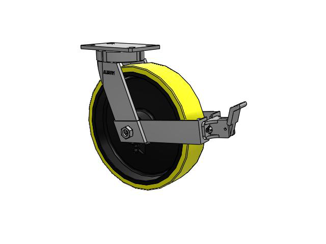 370 Series Top Plate Swivel Caster with 12 x 3 Yellow Tread on Black Cast Iron Core PF - Polyurethane (Heavy Duty Cast Iron Core) Wheel and Face Brake