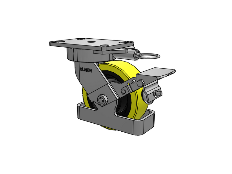38 Series Maintenance Free Top Plate Swivel Caster with 6 x 2 Yellow Tread on Black Cast Iron Core PF - Polyurethane (Heavy Duty Cast Iron Core) Wheel and Face Brake