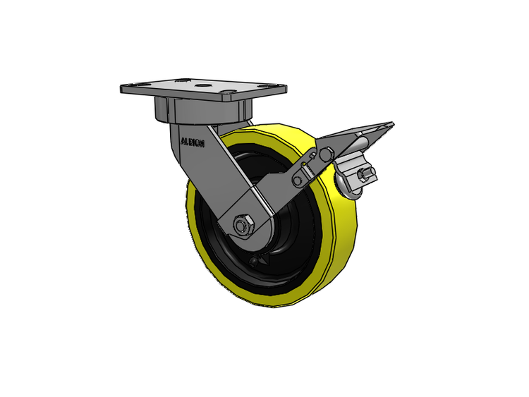 38 Series Maintenance Free Top Plate Swivel Caster with 8 x 2 Yellow Tread on Black Cast Iron Core PF - Polyurethane (Heavy Duty Cast Iron Core) Wheel and Face Brake