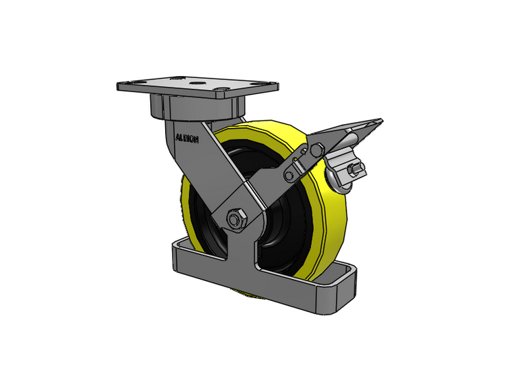 38 Series Maintenance Free Top Plate Swivel Caster with 8 x 2 Yellow Tread on Black Cast Iron Core PF - Polyurethane (Heavy Duty Cast Iron Core) Wheel and Face Brake