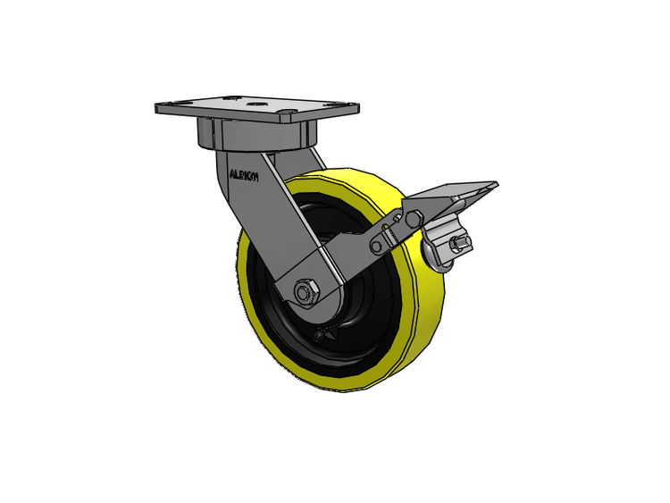 38 Series Maintenance Free Top Plate Swivel Caster with 8 x 2 Yellow Tread on Black Cast Iron Core PF - Polyurethane (Heavy Duty Cast Iron Core) Wheel and Face Brake