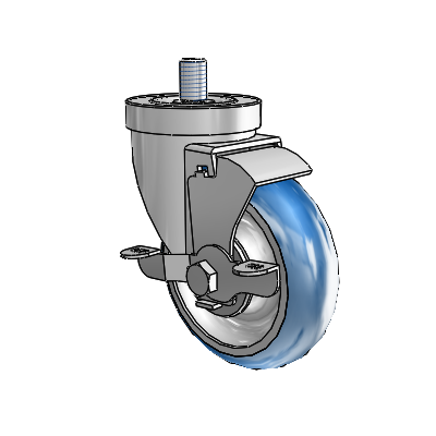 Roulette pivotante à tige filetée en zinc de la série 30, équipée d'une roue PolyLoc (bleue) de 4 x 1,25 et d'un frein VertiLoc