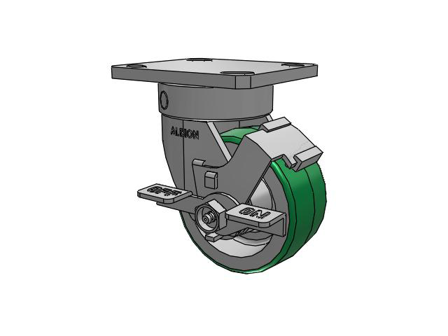 110 Series Kingpinless Top Plate Swivel Caster with 4 x 2 Green Tread on Aluminum Core PD - Polyurethane (Aluminum Core) Wheel and Face Brake