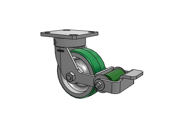110 Series Kingpinless Top Plate Swivel Caster with 5 x 2 Green Tread on Aluminum Core PD - Polyurethane (Aluminum Core) Wheel and Poly Cam Brake