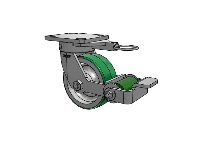 110 Series Kingpinless Top Plate Swivel Caster with 5 x 2 Green Tread on Aluminum Core PD - Polyurethane (Aluminum Core) Wheel and Poly Cam Brake