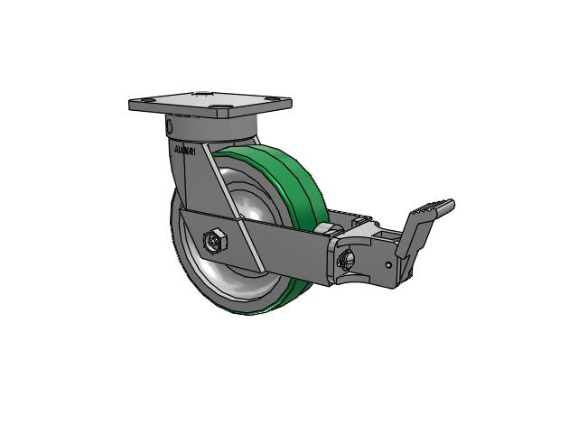110 Series Kingpinless Top Plate Swivel Caster with 6 x 2 Green Tread on Aluminum Core PD - Polyurethane (Aluminum Core) Wheel and Face Brake