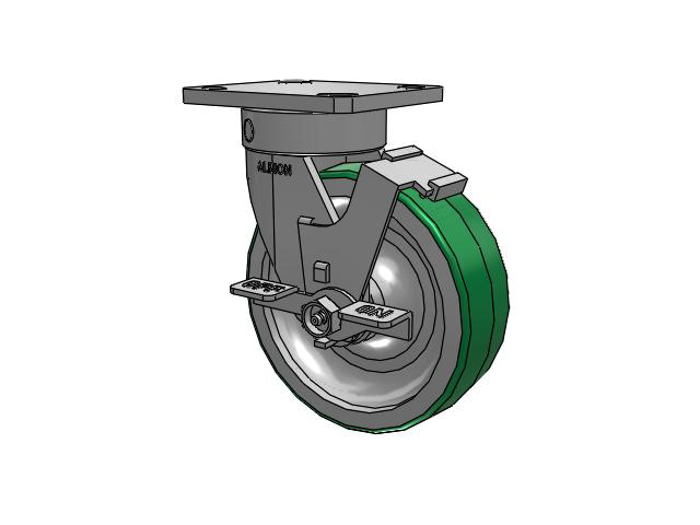 110 Series Kingpinless Top Plate Swivel Caster with 6 x 2 Green Tread on Aluminum Core PD - Polyurethane (Aluminum Core) Wheel and Face Brake