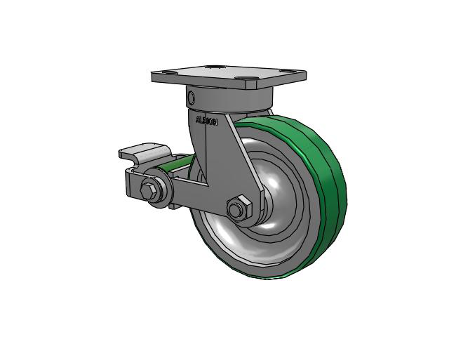 110 Series Kingpinless Top Plate Swivel Caster with 6 x 2 Green Tread on Aluminum Core PD - Polyurethane (Aluminum Core) Wheel and Poly Cam Brake