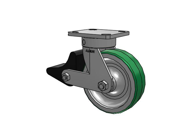 110 Series Kingpinless Top Plate Swivel Caster with 6 x 2 Green Tread on Aluminum Core PD - Polyurethane (Aluminum Core) Wheel and Poly Lock Integrated Brake