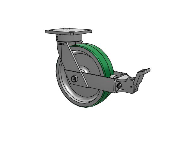 110 Series Kingpinless Top Plate Swivel Caster with 8 x 2 Green Tread on Aluminum Core PD - Polyurethane (Aluminum Core) Wheel and Face Brake