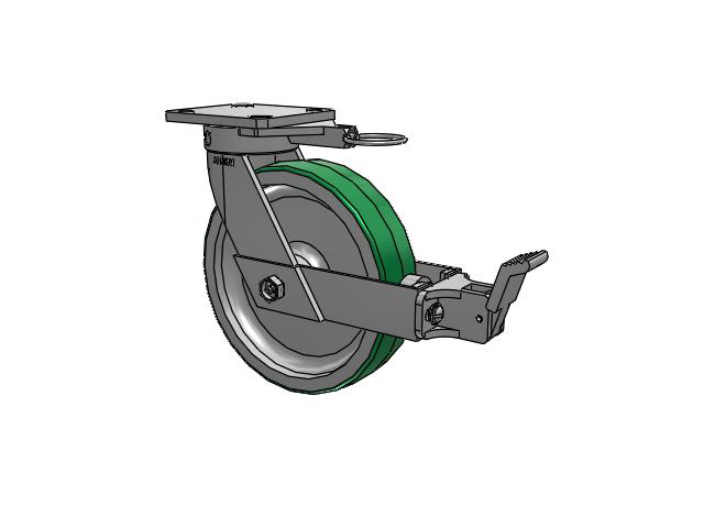 110 Series Kingpinless Top Plate Swivel Caster with 8 x 2 Green Tread on Aluminum Core PD - Polyurethane (Aluminum Core) Wheel and Face Brake