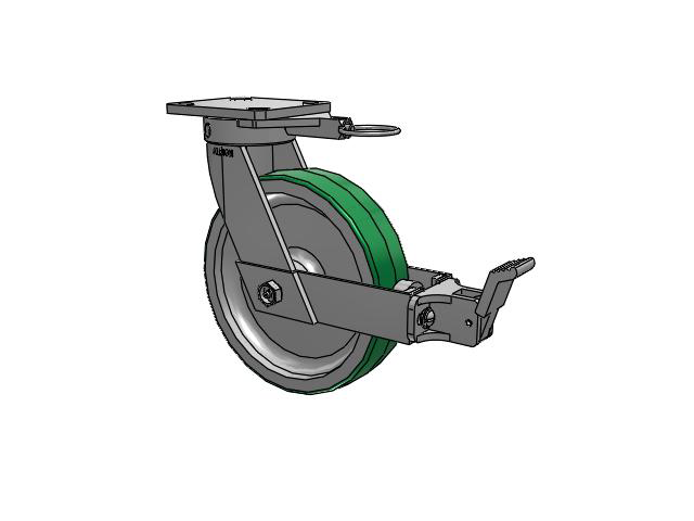 110 Series Kingpinless Top Plate Swivel Caster with 8 x 2 Green Tread on Aluminum Core PD - Polyurethane (Aluminum Core) Wheel and Face Brake