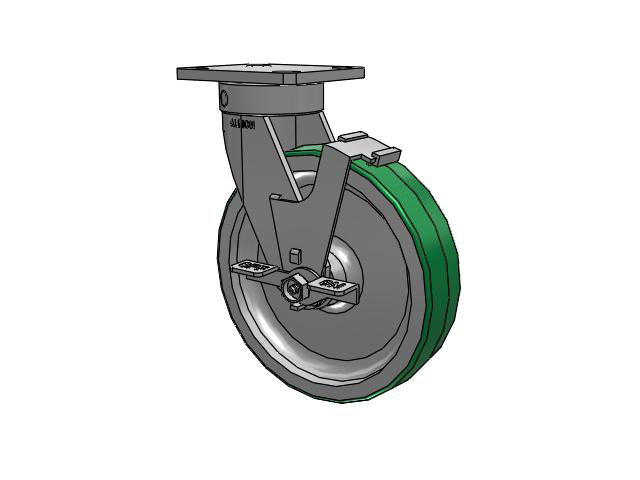 110 Series Kingpinless Top Plate Swivel Caster with 8 x 2 Green Tread on Aluminum Core PD - Polyurethane (Aluminum Core) Wheel and Face Brake