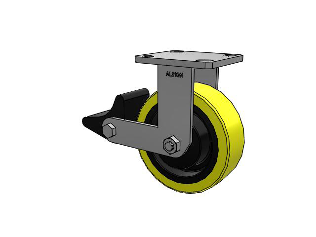 110 Series Kingpinless Top Plate Rigid Caster with 6 x 2 Yellow Tread on Black Cast Iron Core PF - Polyurethane (Heavy Duty Cast Iron Core) Wheel and Poly Lock Integrated Brake