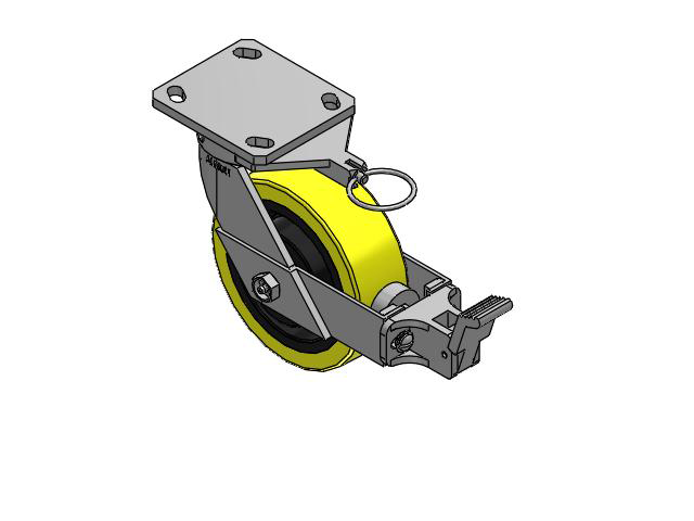 110 Series Kingpinless Top Plate Swivel Caster with 6 x 2 Yellow Tread on Black Cast Iron Core PF - Polyurethane (Heavy Duty Cast Iron Core) Wheel and Face Brake