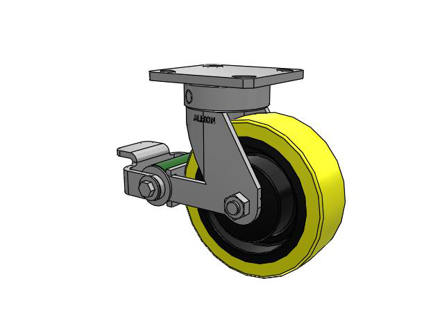 110 Series Kingpinless Top Plate Swivel Caster with 6 x 2 Yellow Tread on Black Cast Iron Core PF - Polyurethane (Heavy Duty Cast Iron Core) Wheel and Poly Cam Brake