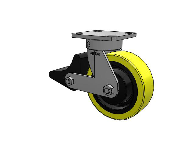 110 Series Kingpinless Top Plate Swivel Caster with 6 x 2 Yellow Tread on Black Cast Iron Core PF - Polyurethane (Heavy Duty Cast Iron Core) Wheel and Poly Lock Integrated Brake