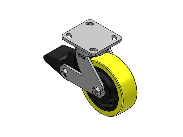 110 Series Kingpinless Top Plate Swivel Caster with 6 x 2 Yellow Tread on Black Cast Iron Core PF - Polyurethane (Heavy Duty Cast Iron Core) Wheel and Poly Lock Integrated Brake