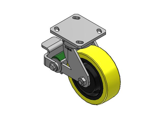 110 Series Kingpinless Top Plate Swivel Caster with 6 x 2 Yellow Tread on Black Cast Iron Core PF - Polyurethane (Heavy Duty Cast Iron Core) Wheel and Poly Cam Brake