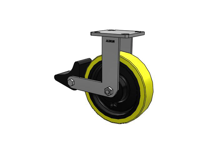 110 Series Kingpinless Top Plate Rigid Caster with 8 x 2 Yellow Tread on Black Cast Iron Core PF - Polyurethane (Heavy Duty Cast Iron Core) Wheel and Poly Lock Integrated Brake