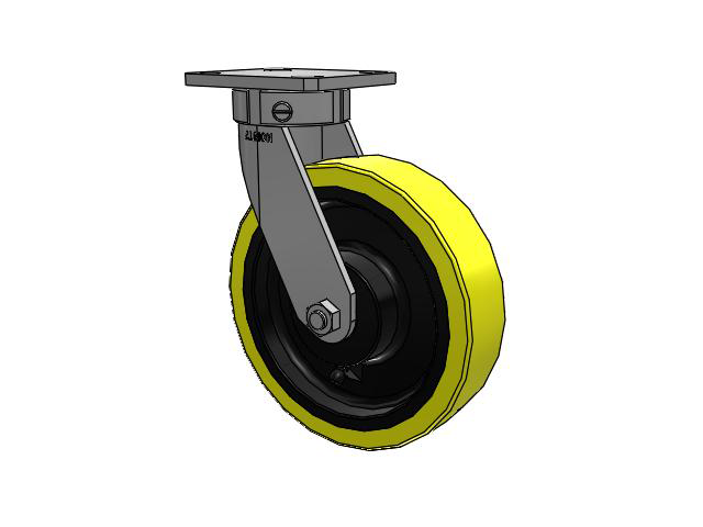 110 Series Kingpinless Top Plate Swivel Caster with 8 x 2 Yellow Tread on Black Cast Iron Core PF - Polyurethane (Heavy Duty Cast Iron Core) Wheel