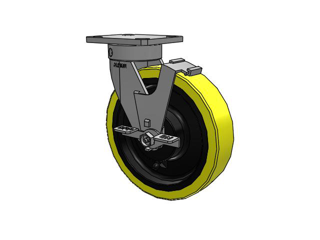 110 Series Kingpinless Top Plate Swivel Caster with 8 x 2 Yellow Tread on Black Cast Iron Core PF - Polyurethane (Heavy Duty Cast Iron Core) Wheel and Face Brake