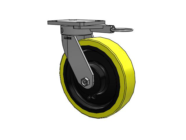 110 Series Kingpinless Top Plate Swivel Caster with 8 x 2 Yellow Tread on Black Cast Iron Core PF - Polyurethane (Heavy Duty Cast Iron Core) Wheel