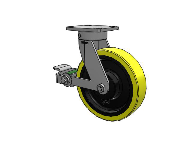 110 Series Kingpinless Top Plate Swivel Caster with 8 x 2 Yellow Tread on Black Cast Iron Core PF - Polyurethane (Heavy Duty Cast Iron Core) Wheel and Poly Cam Brake