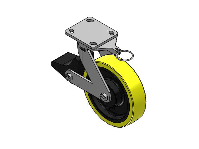 110 Series Kingpinless Top Plate Swivel Caster with 8 x 2 Yellow Tread on Black Cast Iron Core PF - Polyurethane (Heavy Duty Cast Iron Core) Wheel and Poly Lock Integrated Brake