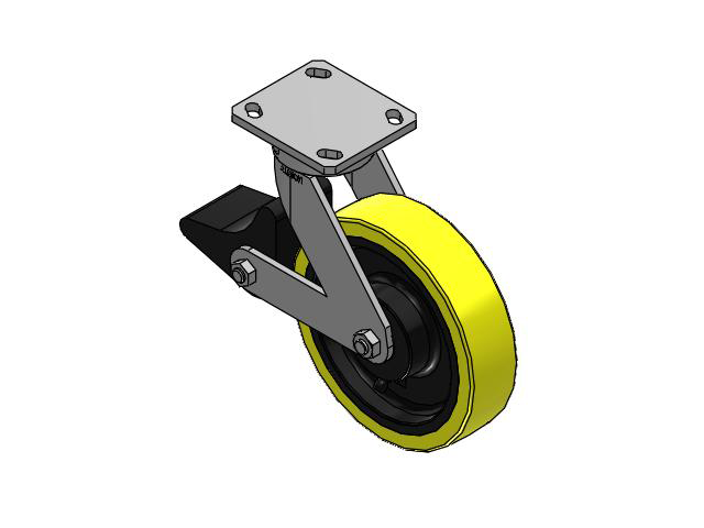 110 Series Kingpinless Top Plate Swivel Caster with 8 x 2 Yellow Tread on Black Cast Iron Core PF - Polyurethane (Heavy Duty Cast Iron Core) Wheel and Poly Lock Integrated Brake
