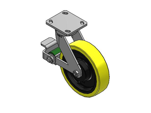 110 Series Kingpinless Top Plate Swivel Caster with 8 x 2 Yellow Tread on Black Cast Iron Core PF - Polyurethane (Heavy Duty Cast Iron Core) Wheel and Poly Cam Brake