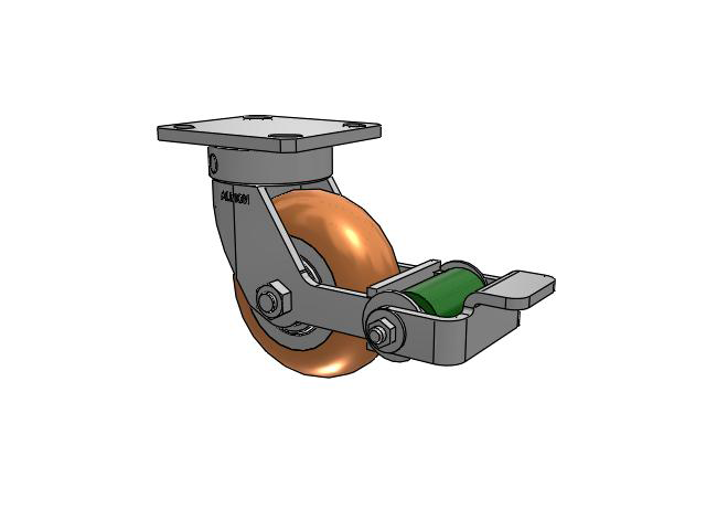 110 Series Kingpinless Top Plate Swivel Caster with 5 x 2 Green Tread on Aluminum Core PM - Round Polyurethane (Aluminum Core) Wheel and Poly Cam Brake